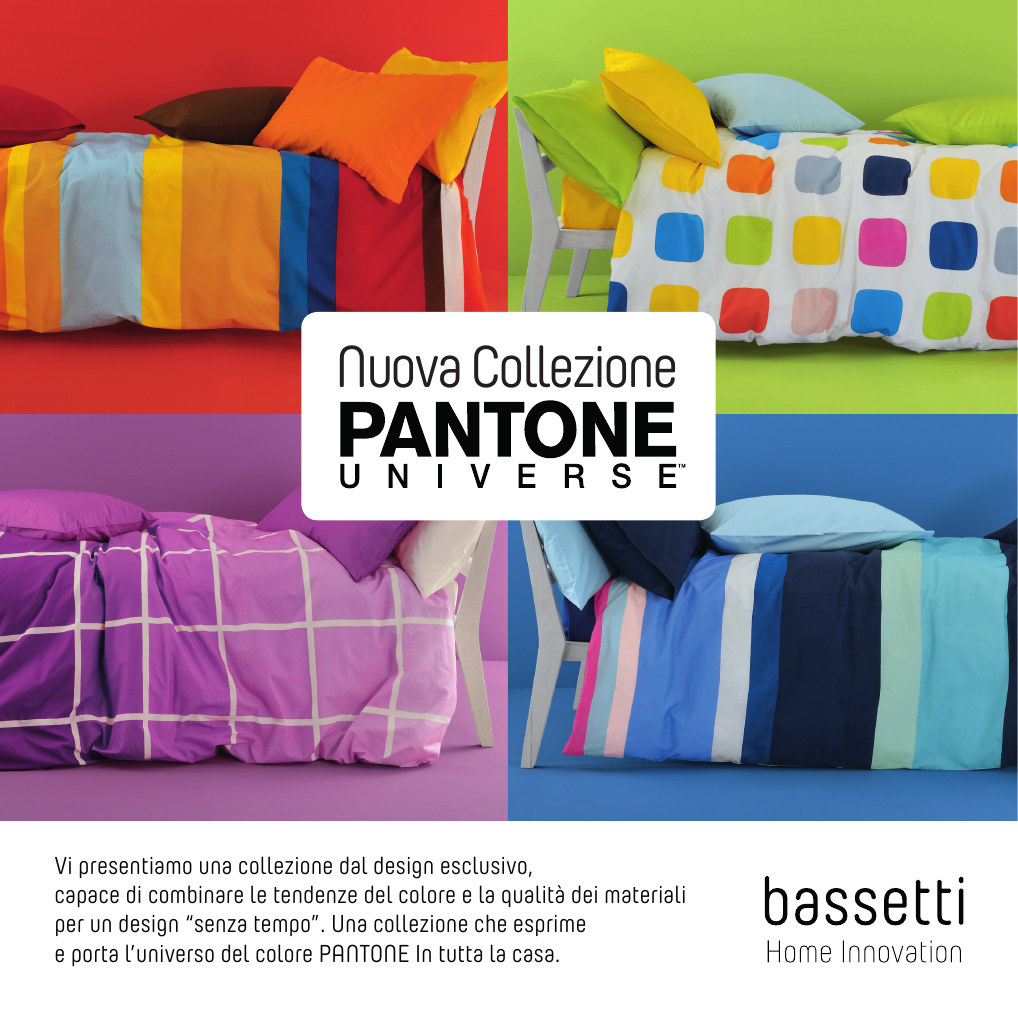 Invito Bassetti Pantone Universe con quattro ambientazioni tessili colorate