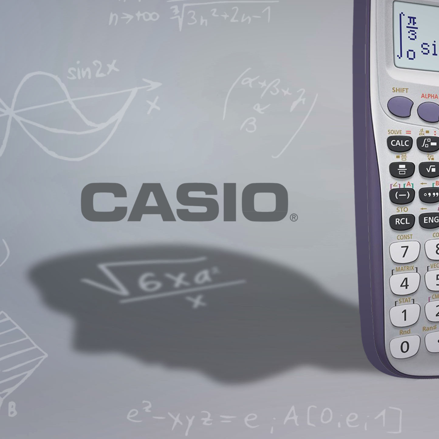Dettaglio di una calcolatrice Casio su fondo di formule matematiche
