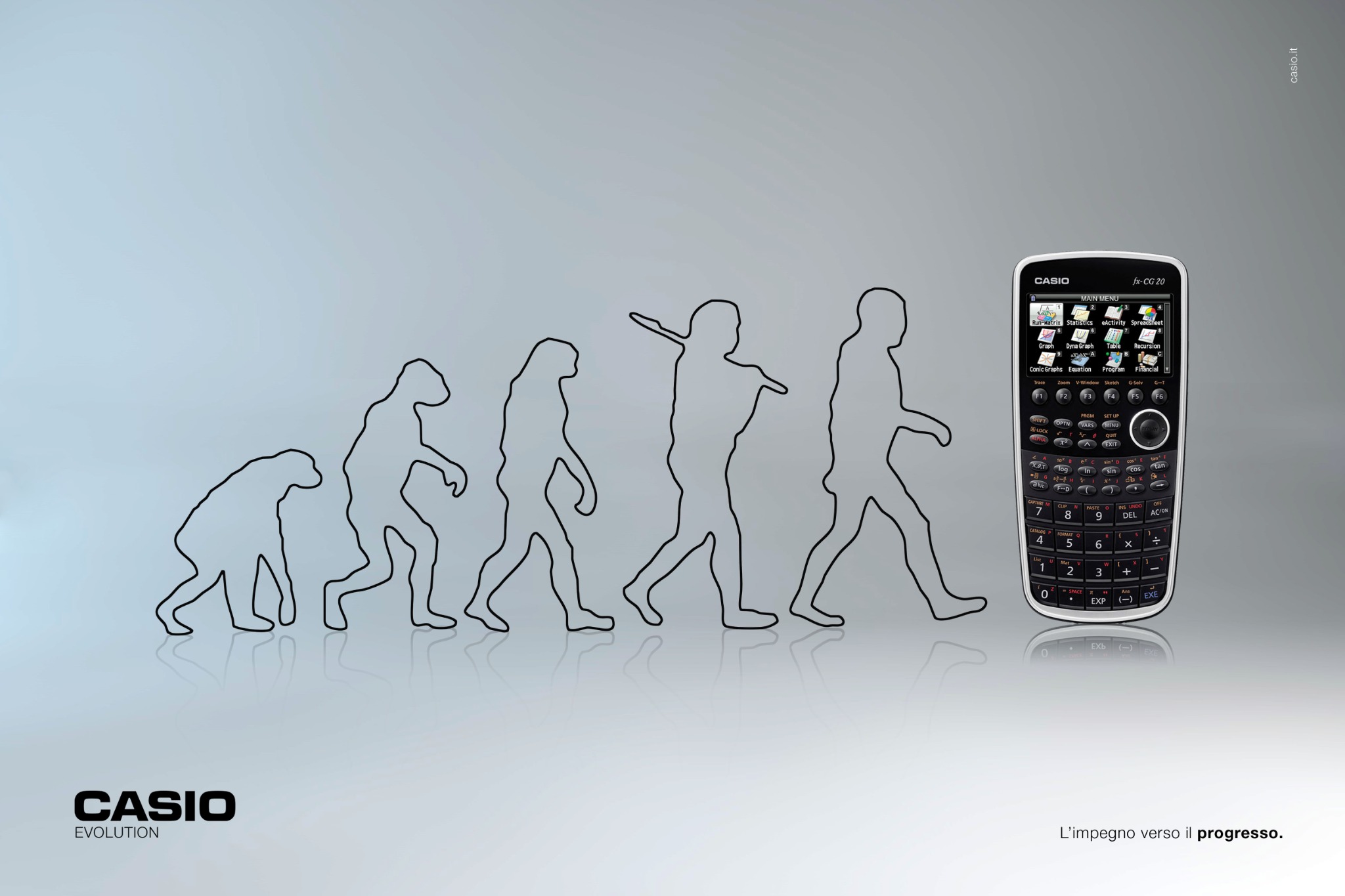 Annuncio Casio a doppia pagina con evoluzione dell’uomo e calcolatrice