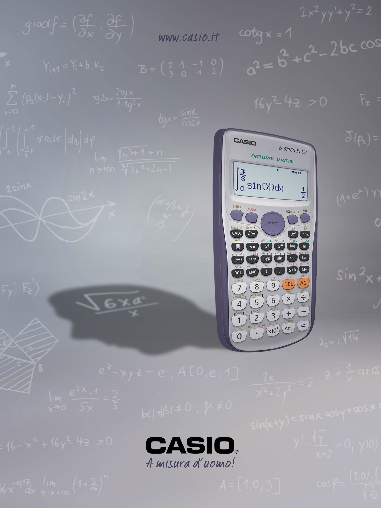Annuncio Casio a pagina singola con calcolatrice e formule matematiche