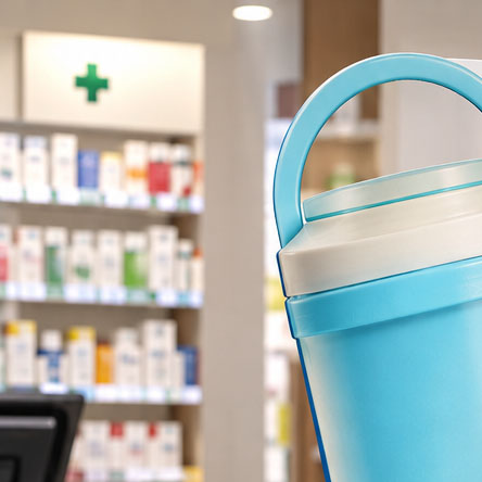 Dettaglio di una borraccia azzurra in farmacia