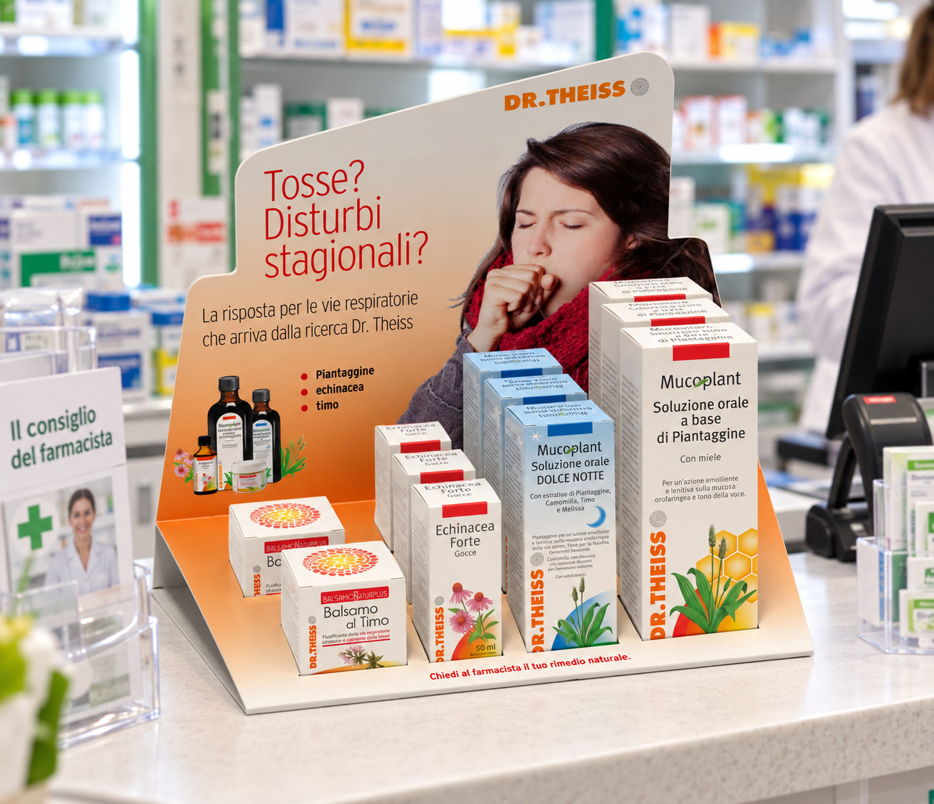 Espositore da banco Dr. Theiss Naturwaren per farmacie