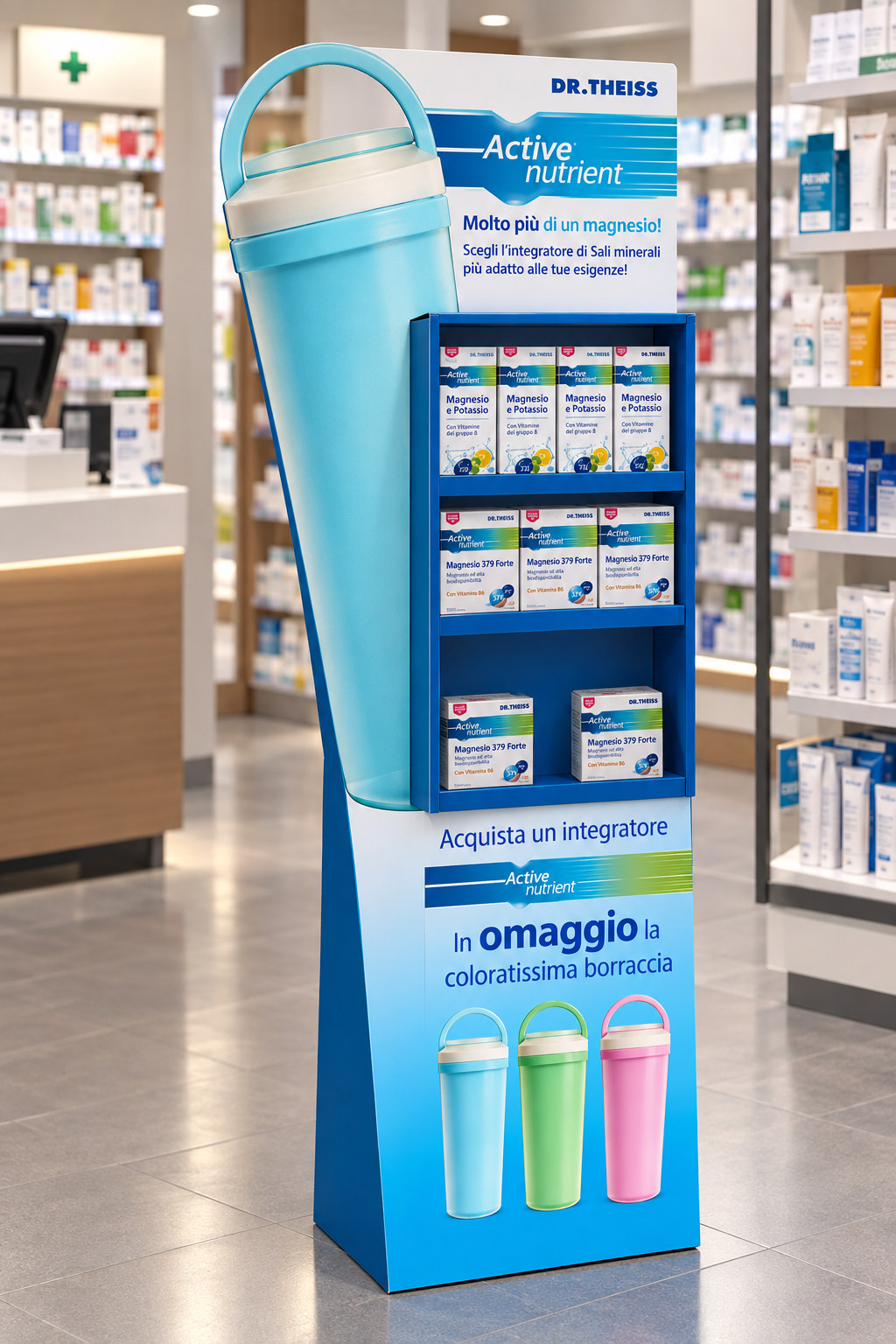 Espositore da terra con borracce e prodotti Active nutrient in farmacia